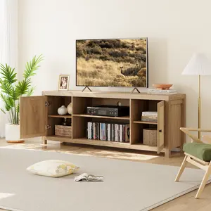 GARVEE  Modern Natural Oak Wood Entertainment Center with 2-Tier Storage – Wooden Media Console Cabinet for Living Room or Bedroom – Farmhouse Style Meets Bohemian Charm – Ample Storage, Sleek Design – Showcase Your TV & Decor with Style!