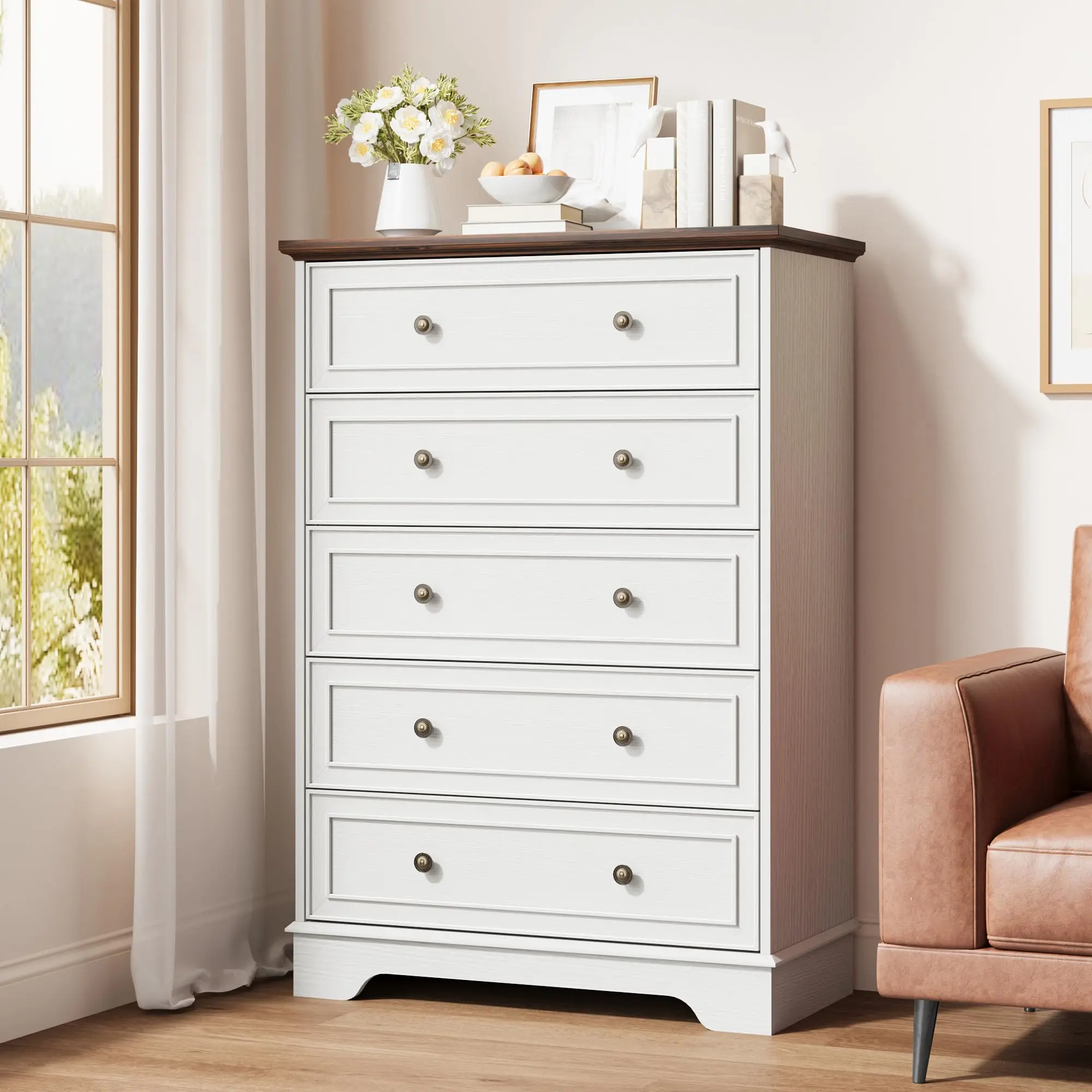 Farmhouse Tall 5-Drawer Dresser, Vertical Wooden Chest of Drawers, Large Storage Cabinet Organizer for Bedroom, Living Room and Hallway