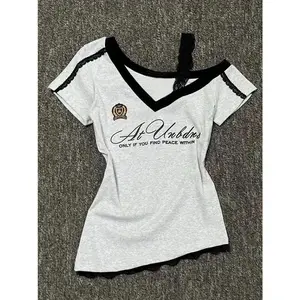 White-Gray Lace Sport Sexy Summer Off shoulder Top Women Y2k V neck Short sleeve T shirt Fashion Korean Lady Basic Tees 2025 New