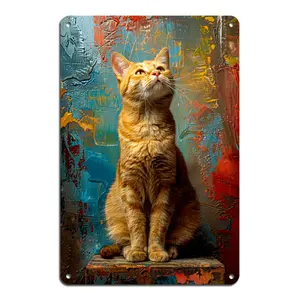 1PC 2D Flat Retro Cat Metal Wall Art Plaque - Country Style Orange Tabby Cat, Green Eyes, Durable Iron Tin Sign, Home Decoration, 20.32x 30.48cm , Retro Wall Hanging Gift, Wall Decoration, Artistic|Expressive Animal Art|Installation Display