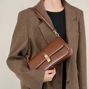 Minimalist Brown Leather Baguette Bag for Women Retro Underarm Shoulder Purse with Gold Lock
