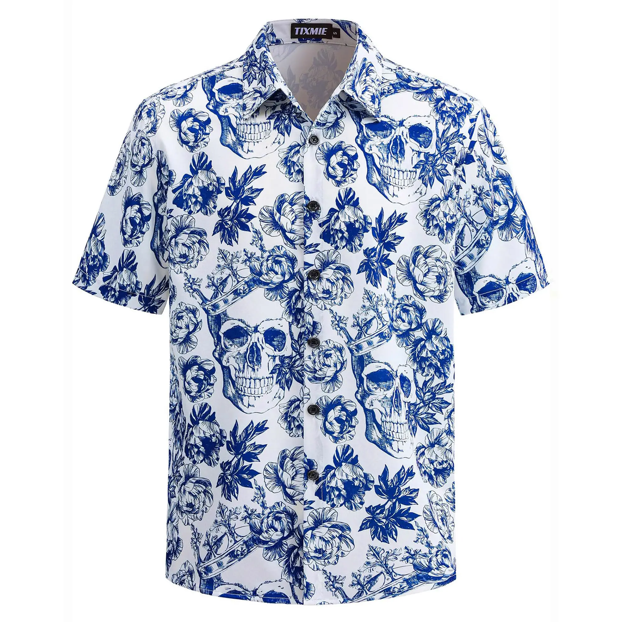 TIXMIE Men's Spandex Graphic Skull Print Short-Sleeve Button-Down Shirt - Blue White Crown Floral Punk Rock Hawaiian Print Dad Party Shirt, All-Over Random Pattern, Retro, Gothic, Hang Dry, Regular Sleeve, Button-Up Shirt, Husband