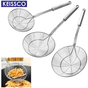 Stainless Steel Spider Strainer Skimmer Spoon For Frying and Cooking - Set of 3 Solid Wire Asian Strainer Ladle Pasta Strainer with Long Handle, Professional Kitchen Skimmer Ladle