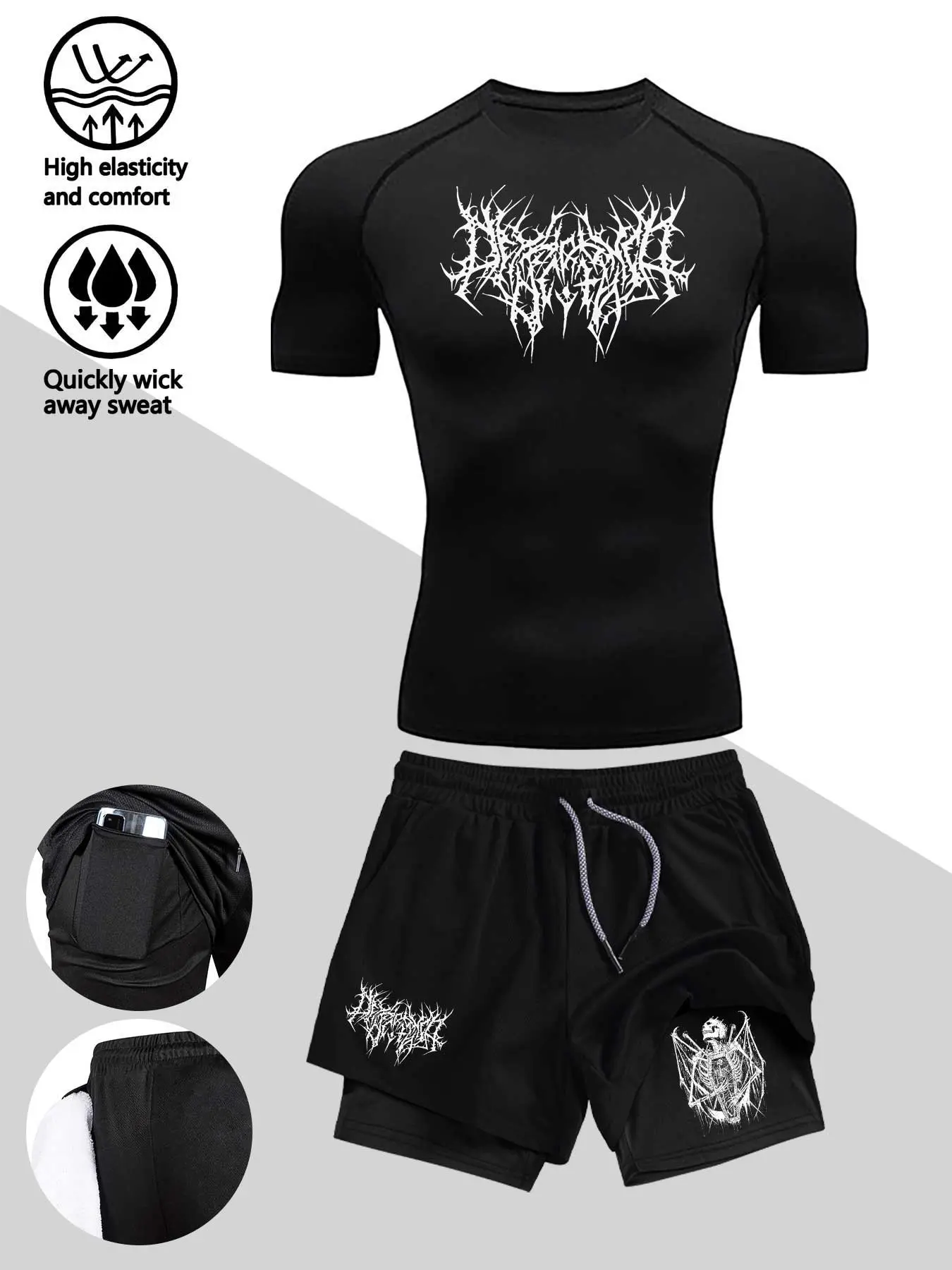 Men's Two-Piece Set featuring a Thorns-Style Text Print Pattern — Short-Sleeve Top & Double-Layer Shorts. Features a stretchy, slim-fit design; sweat-wicking, breathable, and durable. Ideal for sports, fitness training, cycling, and outdoor activities.