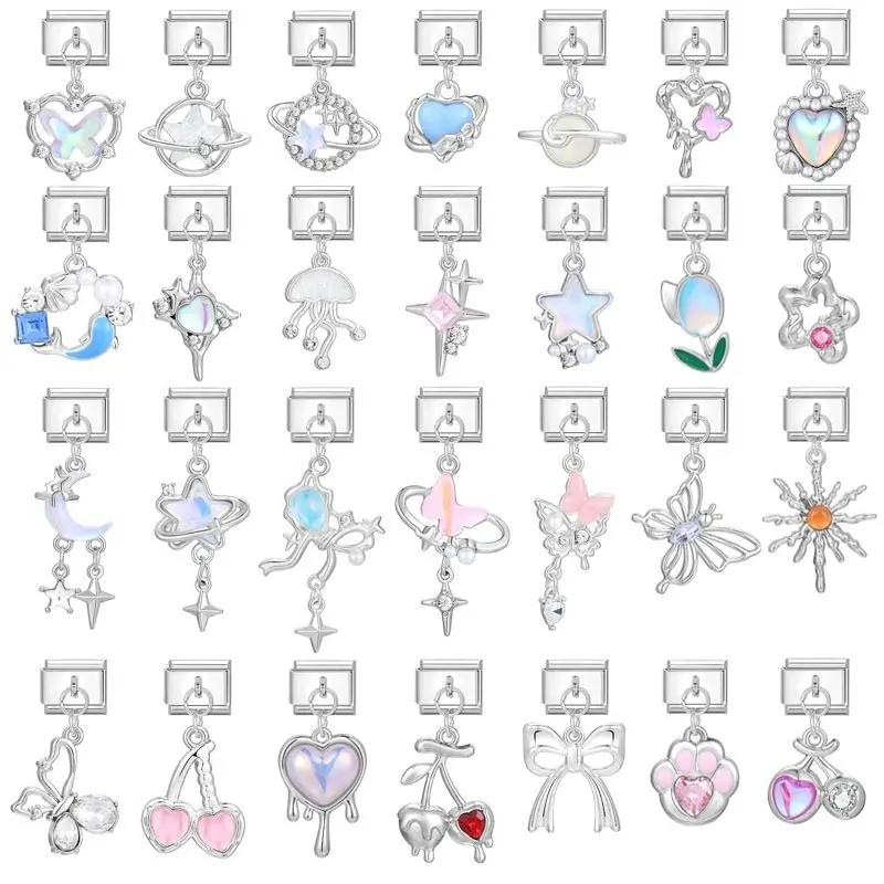 Shiny Crystal Heart Star Cherry Star Cat Paw Pendant Italian Charm Links Y2k Fit 9mm Stainless Steel Bracelet Jewelry Diy Making