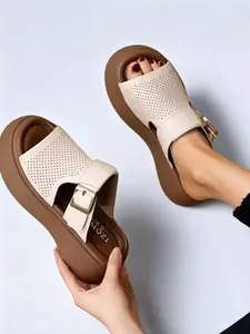 Summer Bestseller Women's Perforated Breathable Thick Sole Slippers, Single Buckle Platform Casual Shoes, Summer Commute Footwear
