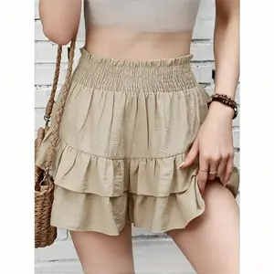 Women’s High Waist Shirred Shorts Frill Ruffle Hem Boho Tiered Layer Casual Summer Spring Daily Wear Ladies Bottoms