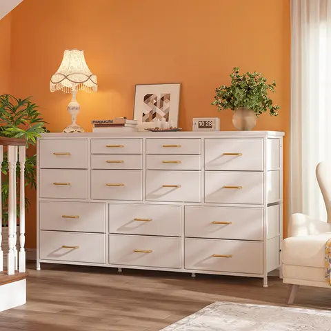 Raybee Furniture Wide Dresser TV Stand, with 16 Drawers & Power Outlet, Metal Frame Fabric Dresser, TV Stands for living Room Bedroom