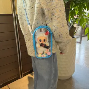 Transparent PVC Doll Storage Bag for V1/v2/v3 Labubu, Dustproof with Adjustable Strap, Heart Keychain & Dual Zip Design, Multi-Scene Use
