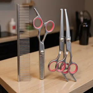 Gimars Professional 6-in-1 Dog and Cat Grooming Scissors Set - Heavy Duty Titanium Coated 4CR Stainless Steel with Safety Round Tips for Safe and Precise Grooming Pet comb