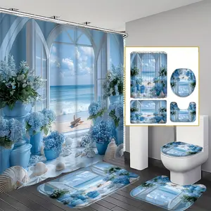 4pcs/set Coastal Serenity Shower Curtain Set, Blue and White Ocean Bathroom Decor Accessories with Bath Mat U-shaped Mat Toilet Lid Cover Beach House Style Home Decor Bathroom Accessories