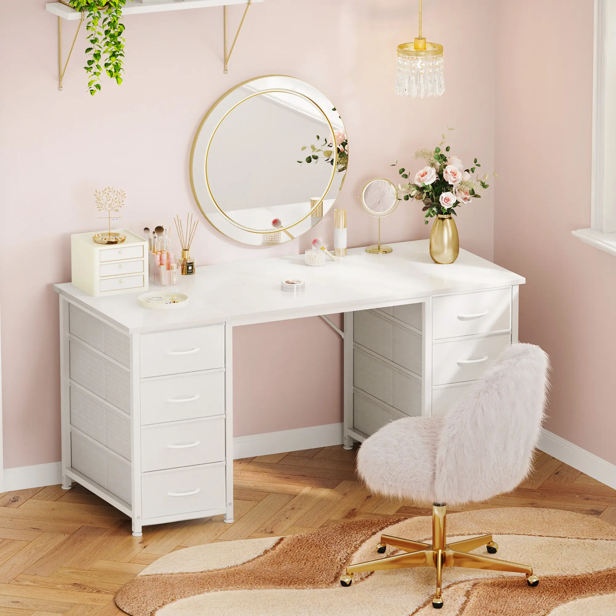 AODK 48-Inch Modern Vanity Desk Furniture - 8 Fabric Drawers, Multifunctional Makeup Dresser Table & Writing Table for Bedroom, White Modernist Makeup Vanities