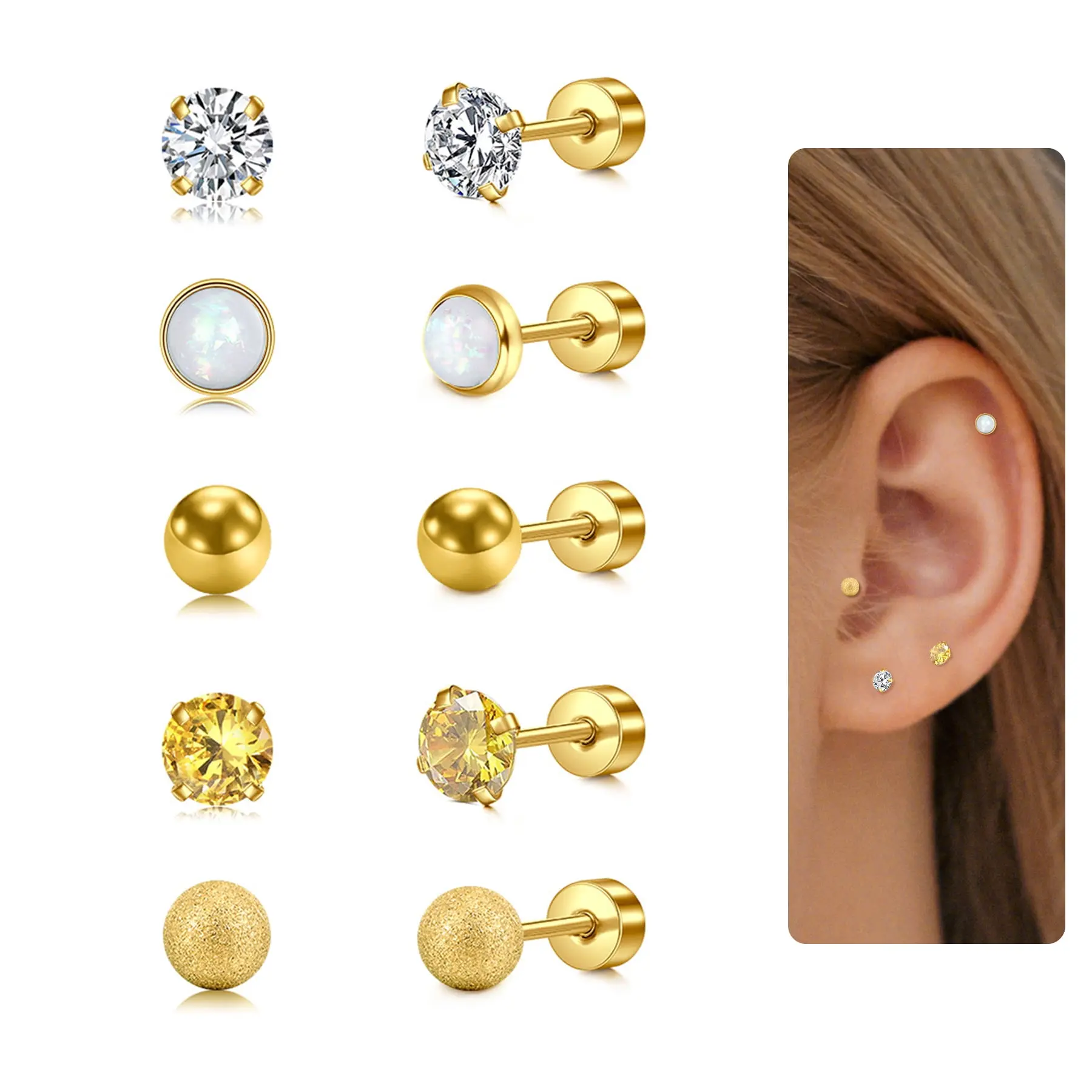 5-Pair Gold Flat-Back Piercing Stud Earring Set - Screwd-Back Labret Jewelry with CZ, Opal, and Gold Balls