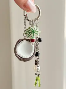 Cute Tropical Coconut Keychain with Beaded Details, Aesthetic Bag Charm