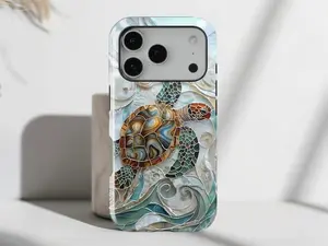 Sea Turtle Stained Glass Phone Case – Artistic Ocean Waves Mosaic Design, Cute Phone Case, Gift for Women, Mom, Sister, Friend, Him/ Her, Birthday - iP Xr, 11, 12, 13, 14, 15, 16, 17, S21, 22, 23, 24, 25 - Tough Case, MagSafe, Phone Case