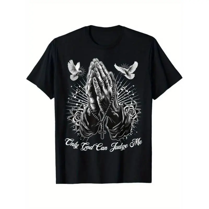 Only God Can Judge Me Prayer Hands Chicano Tattoo Doves T-Shirt, for Students, daily wear, holiday trip, minimalist design, quick-dry moisture wicking, vintage style