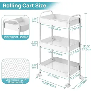 3-Tier Rolling Cart, Metal Utility Cart with 6 Hooks Storage Cart on Wheels Craft Cart with Handle for Organizer Storage for Classroom Office Dorm Home Pink