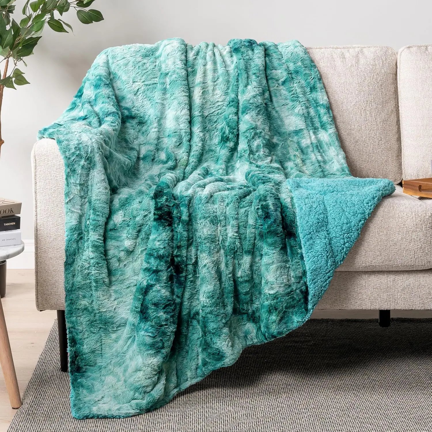 Faux  Throw Blanket  Tie-Dye Turquoise, Soft Warm Sherpa Blankets & Throws for Bed, Fluffy Plush Thick Fleece Throw Blanket for Couch Sofa, Reversible Furry Shaggy Blanket, Teal 60x80