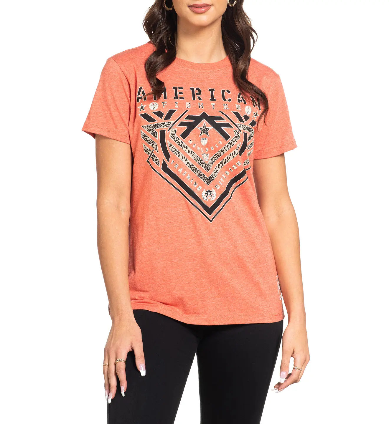 American Fighter Women's Parkside Short Sleeve Crew Neck Top in Cotton Blend with Opalescent Foil and Heat Transfer Tag, Tops, Tee, Round Neck, T-Shirt, Shortsleeve, Tshirt, Casual, Polyester, Streetwear, Chili Print, Graphic, Pull On