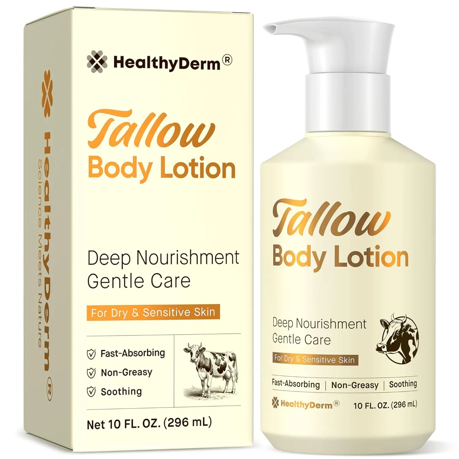 HealthyDerm Grass-Fed Beef Tallow Body Lotion for Body Care - Fast-Absorbing, Non-Greasy, Fragrance-Free Moisturizer with Aloe, Shea + Squalane, Barrier Support, 10 fl oz for Crepey Skin Moisture Needs, Grass‑Fed Tallow