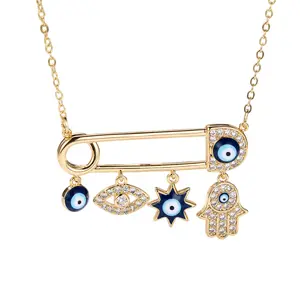 Women’s Gold-Plated Rhinestone Hamsa Hand Evil Eye Safety Pin Choker Necklace, Versatile Daily Wear Statement Accessory & Meaningful Unique Gift For Ladies
