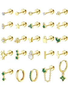 25 Pcs Hypoallergenic Earrings for Sensitive Ears 304 Surgical Stainless Steel Earrings for Women Dainty Flat Back Earring Studs Hoop Cartilage Earring for Multiple Piercing-Single for Music Festival & Party Wear, Perfect Gift, Hoop Jewelry