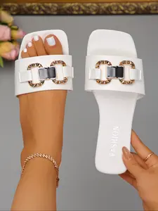 Women's Sandals with Metal Decorations, PU Leather Slides, Fashion Summer Square Toe Casual Shoes, Lightweight Comfortable Design for Beach Vacation Daily Use, Classy Sandals