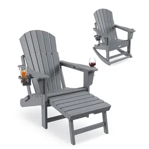 Gaomon Multifunctional High Back Folding Adirondack Rocking Chair - Wide Arms, Retractable Ottoman, Footrest, Cup Holder, 380Lb HDPE Plastic Outdoor Furniture