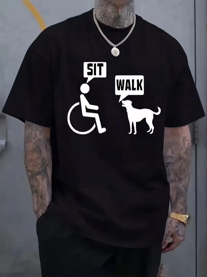 Men'S Casual T-Shirt with "Sit" & "Walk" Icons - Short Sleeve, Round Neck, Summer Outdoor Clothing, Outdoor Clothing | Playful Graphic Tee | Comfortable Fit Shirt