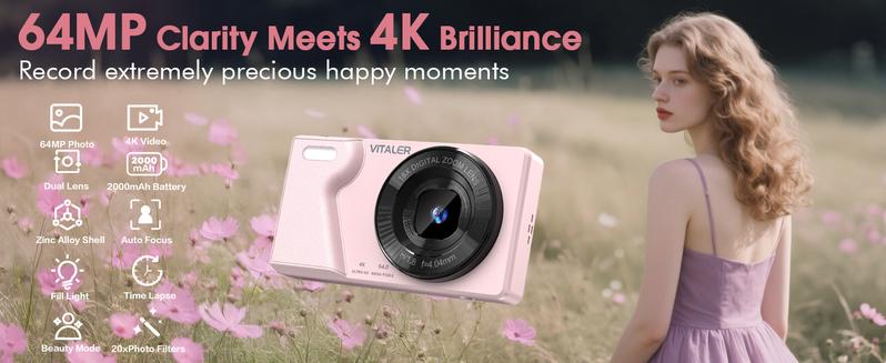 Dual-camera fully automatic digital camera 64MP, built-in beauty filter, 4K retro CCD card camera, 18x, 2000 mAh, free 32GB TF card, OTG