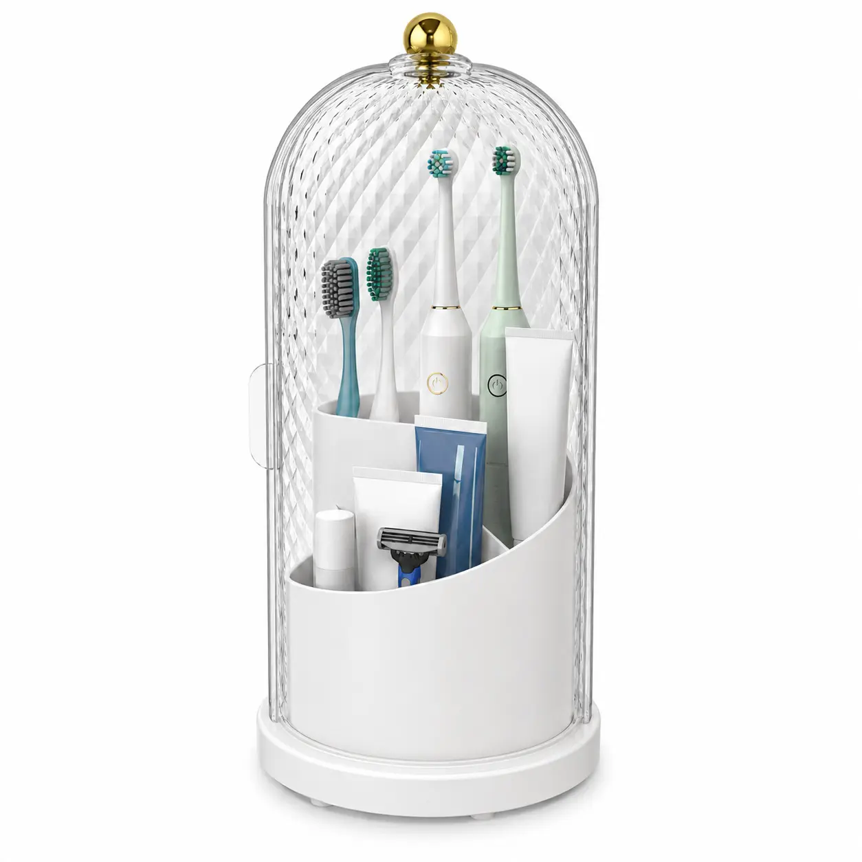 Toothbrush Holder for Bathroom Countertop, Rotating 3-Slot Organizer with Cover, Sliding Door and Drainage Design for Toothbrushes & Makeup Brushes