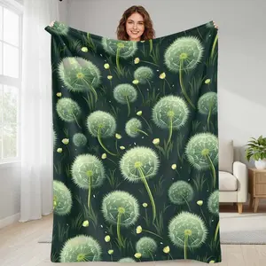 Dandelion Flannel Blanket Green Botanical Floral Print Soft Warm Cozy Lightweight Design for Sofa Bedroom Office Decor Gift Picnic Travel Camping Use