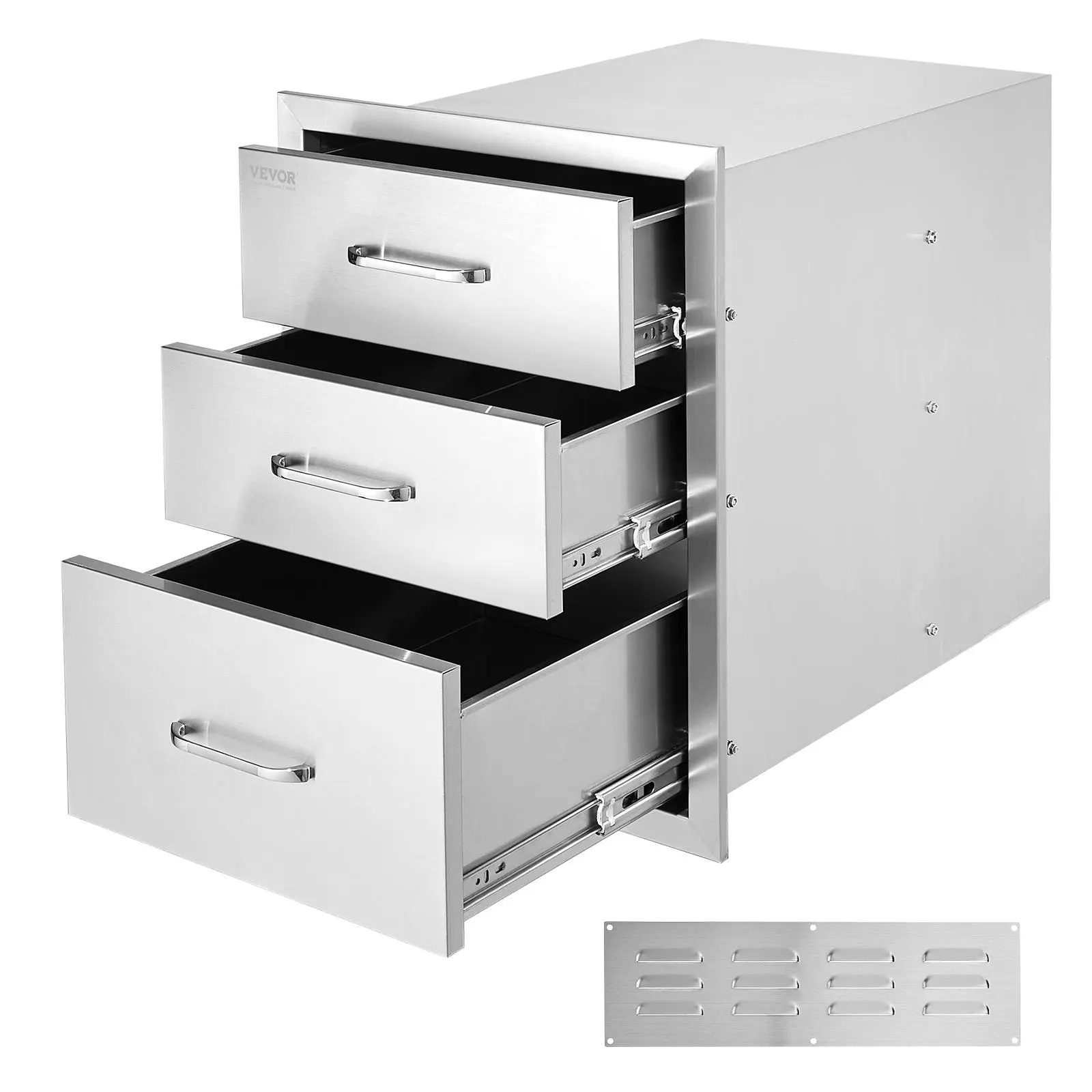 VEVOR Stainless Steel Triple Access BBQ Drawers, 18x20.5x23 In Chrome Handle Outdoor Kitchen Storage, Waterproof, Durable, High-Temperature Resistant, Assembly Required - For Campfire & BBQ Party