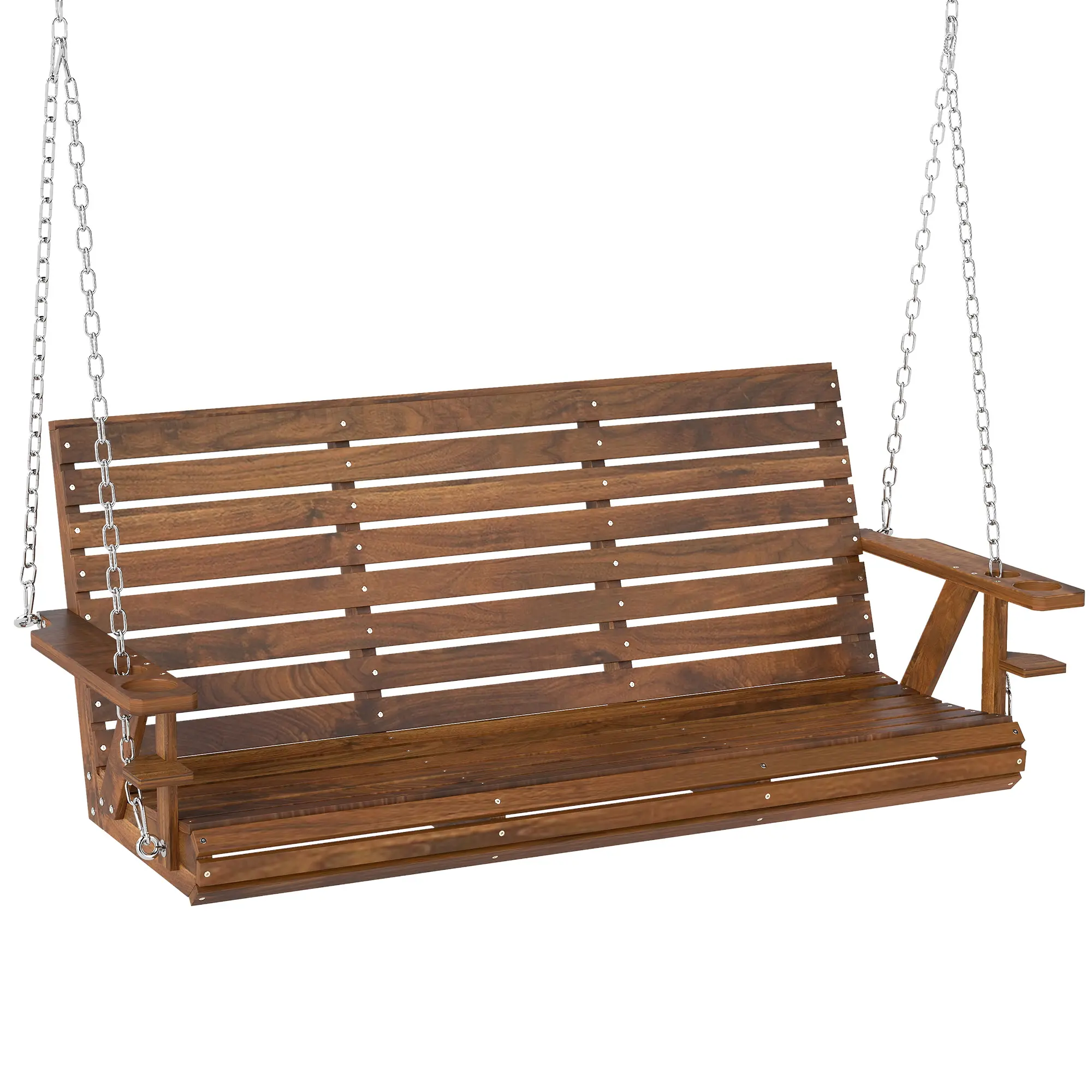 Outsunny Upgraded Wooden Porch Swing 3-Seater, 5 FT Outdoor Patio Swing Bench with Cupholders, Hanging Chains, Swing Chair Bench for Patio Garden Yard, Nature Wood