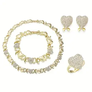 4pcs Set Of Fashionable Luxury Heart-shaped Design Necklace Bracelet Earring Ring Jewelry Set Set Inlaid With Shiny Synthetic Zirconia Women Romantic Engagement Wedding Jewelry Gift