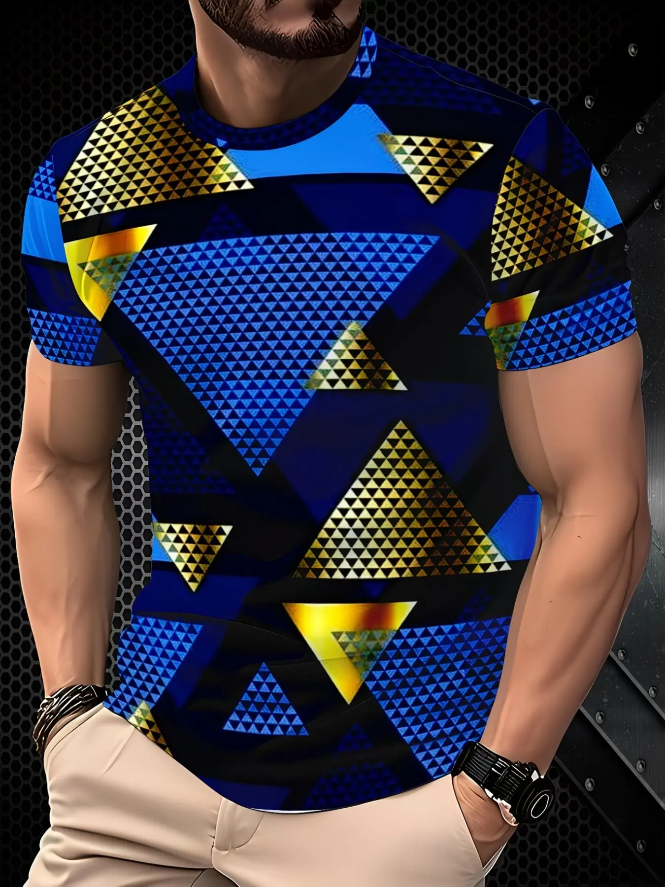 Cool Geometric Pattern Men's Short Sleeve T-Shirt, Casual Fashion Trendy Slim Fit Design, Unique Street Style, Summer Essential Item