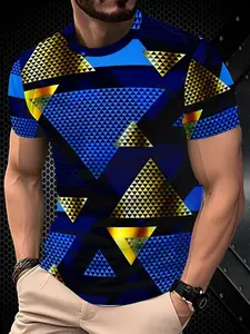 Cool Geometric Pattern Men's Short Sleeve T-Shirt, Fashion Trendy Slim Fit Design, Unique Street Style, Summer Essential Item