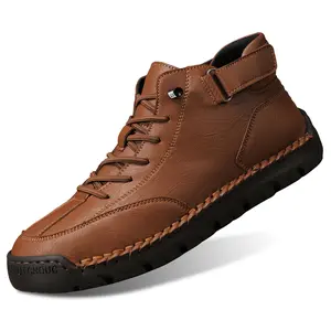 Men's Vintage Brown Leather High-Top Closed Walking Shoes, Hand-Stitched Octopus Sole, Supportive Fit Mid-Top Cut Durable Footwear for Daily Wear