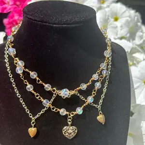 adjustable hand wire wrapped gold heart layered necklace with aura beads