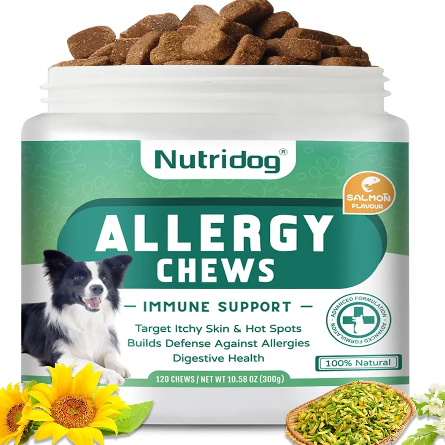 Nutridog Anti-allergy Dog Treats Soft Chews 120 Count Natural Ingredients Salmon Flavor Quercetin Prebiotic Inulin