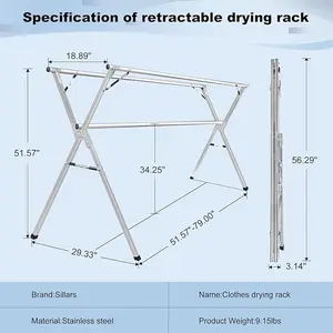 77Inches Heavy - Duty Stainless Steel Folding Clothes Drying Rack Clothing Indoor Outdoor Anti-Rust 20 Windproof Hooks Portable & Foldable Laundry Rack