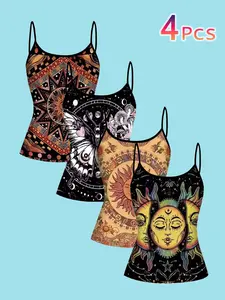 Boho Mystery Print Strapless Tank Top, Sun God Moon Constellation Thin Shoulder Top, Vintage Ethnic Butterfly Mushroom Pattern Sleeveless T-Shirt for Women