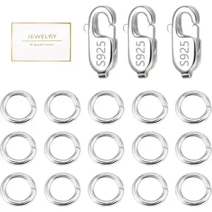 925 Sterling Silver Jewelry Making Lobster Claw 10mm, 23PCS Italian Rectangle Trigger Clasps with Open Jump Rings Set, Small Necklaces Bracelet Connector Clasp Supplies Silver Jewelry Finding Set