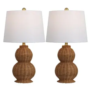Millie 23" Modern Coastal Woven Rattan Gourd LED Table Lamp, Set of 2