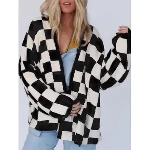 Christmas Deals Women's Checkerboard Pattern Drop Shoulder Cardigan, Casual Long Sleeve Open Front Knitwear for Summer, Fashion Ladies' Knit Clothing for Daily Wear, Christmas 2024 Trend, Fall&winter ClothingGift
