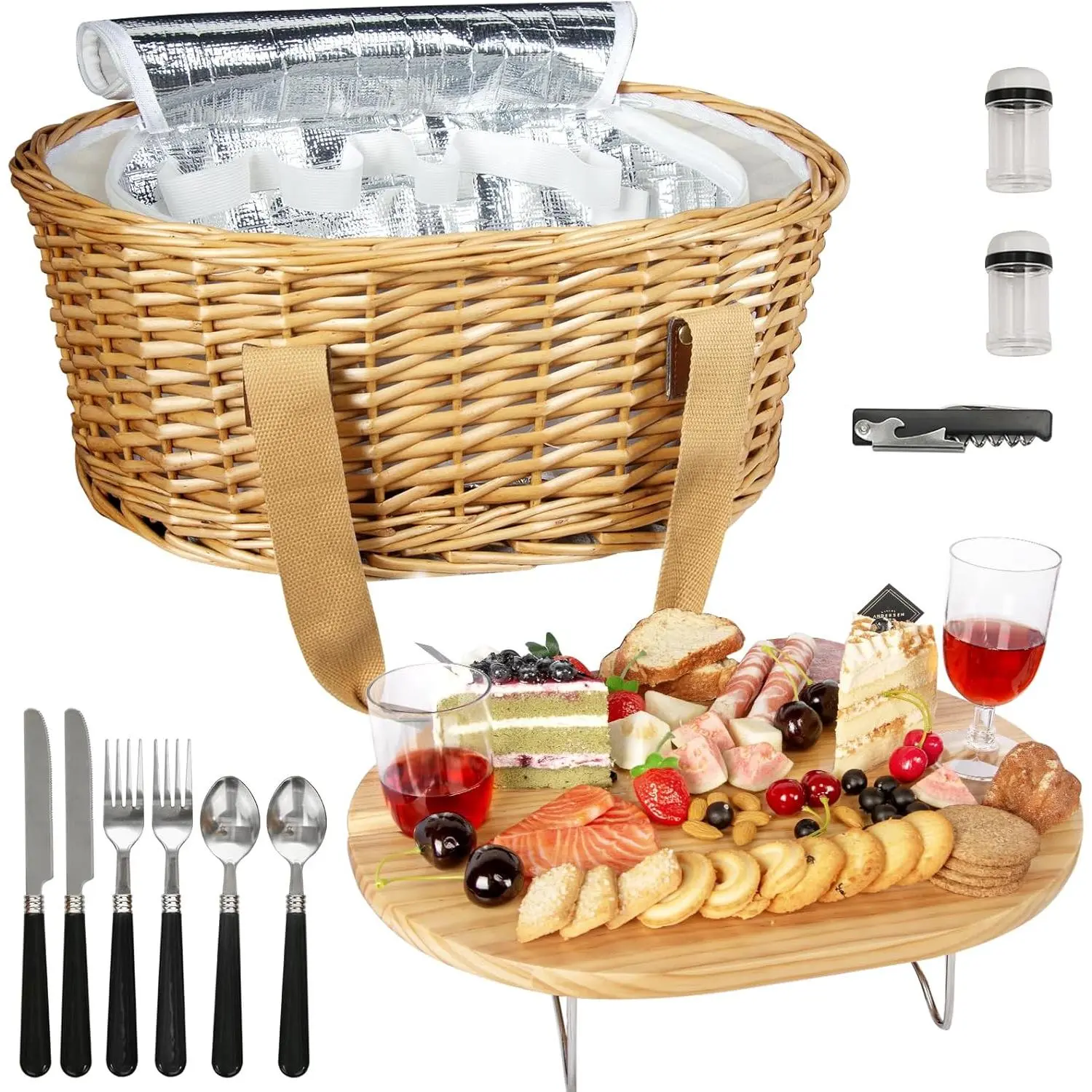 Wicker Picnic Basket Set for 2 with Mini Folding  Picnic Table & Large Insulated Cooler Bag & Cutlery Service Kits for 2 Person, Couples Gifts, Wedding Gifts (Y2209-2-CM)
