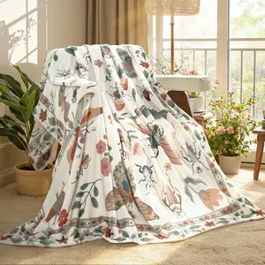 Floral Flannel Blanket for Women Girls Dorm Boho Decor, Small Throw Blanket for Couch Bed Chair Cover Lightweight, Whimsical Flannel Blanket Throws Mom Gift Spring Home Decor,Bug Beige