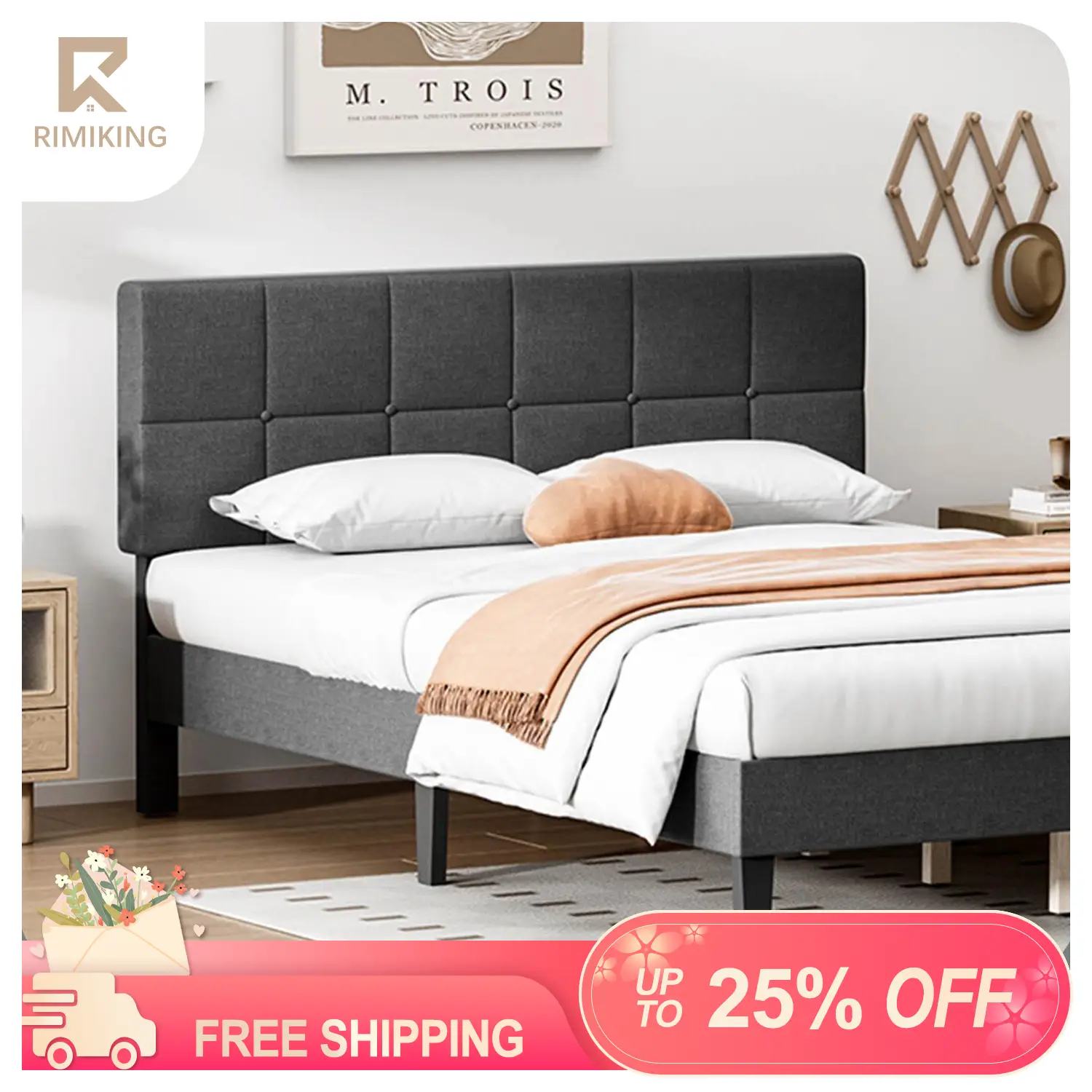 RIMIKING Adjustable Upholstered Bed Frame with Headboard,Comfortable Upholstery,Durable Construction,Modern and Elegant Design,Easy Assembly,Eco-Frien