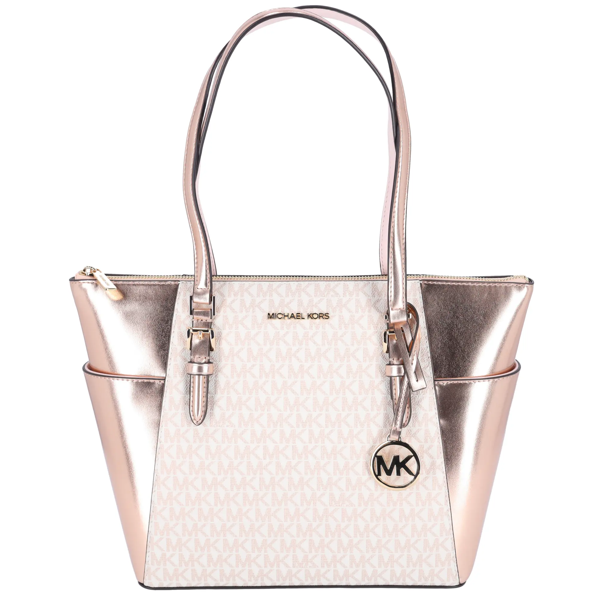 Pre-owned MICHAEL KORS PVC Tote Bags Charlotte Large Signature Logo Metallic Top Zip Tote Bag Rose Gold