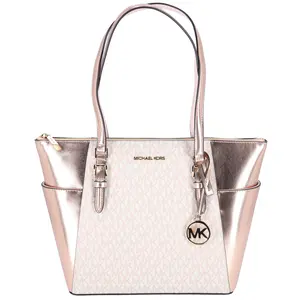 Pre-owned MICHAEL KORS PVC Tote Bags Charlotte Large Signature Logo Metallic Top Zip Tote Bag Rose Gold